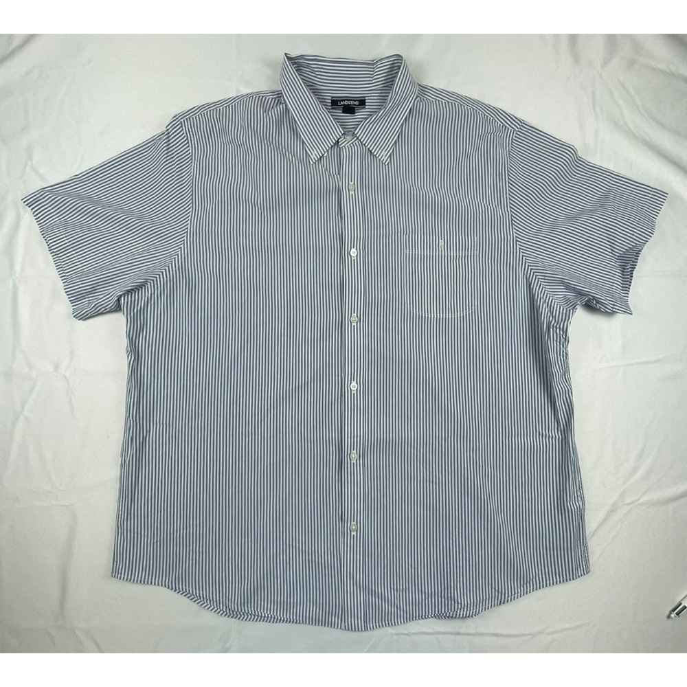 LANDS END MENS XXL 18-18.5 BLUE WHITE STRIPED SHORT SLEEVE BUTTON FRONT SHIRT